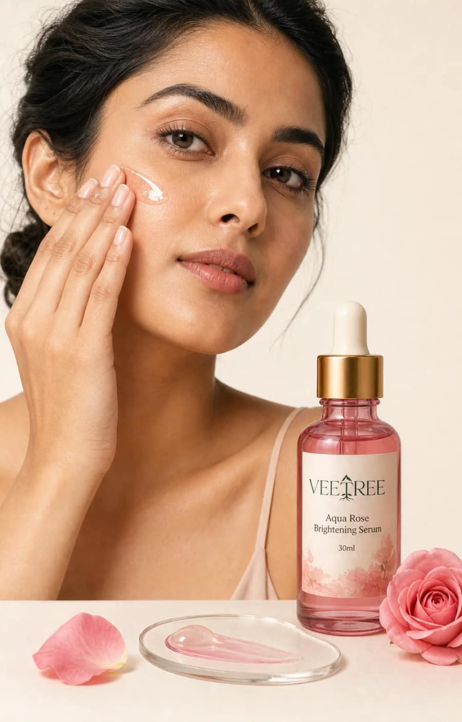 Aqua Rose Brightening Serum texture and application shown in a VEETREE studio photograph