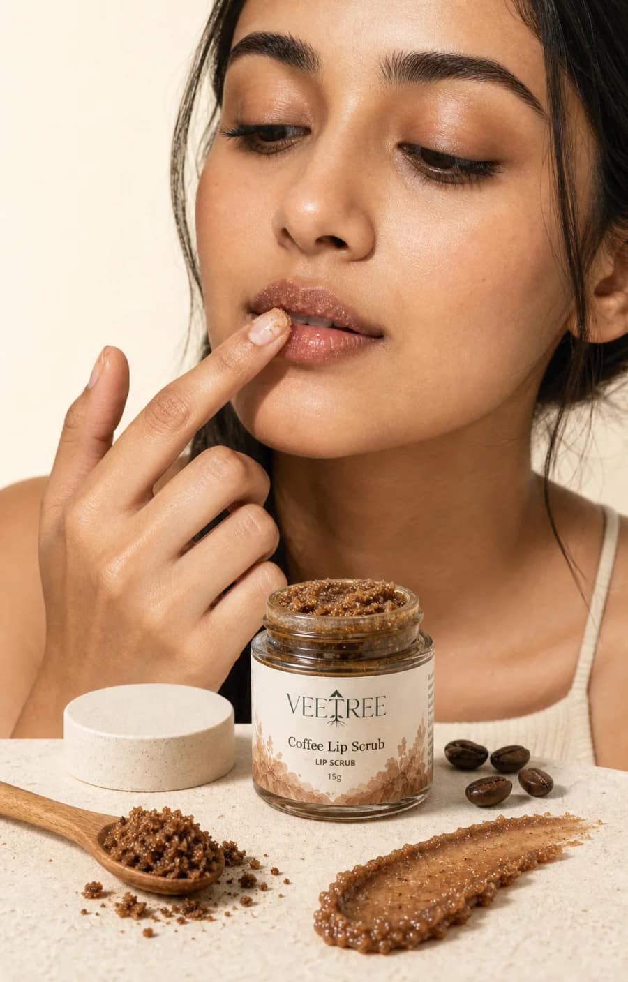 Coffee Lip Scrub shown in a VEETREE studio photograph