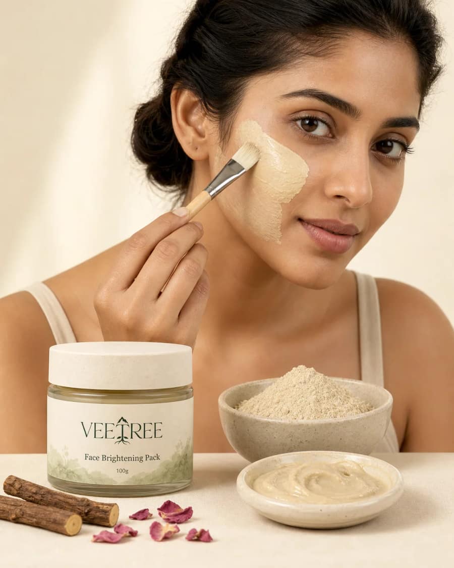 Face Brightening Pack texture and application shown in a VEETREE studio photograph