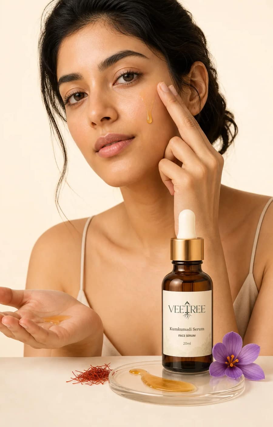Kumkumadi Serum texture and application shown in a VEETREE studio photograph