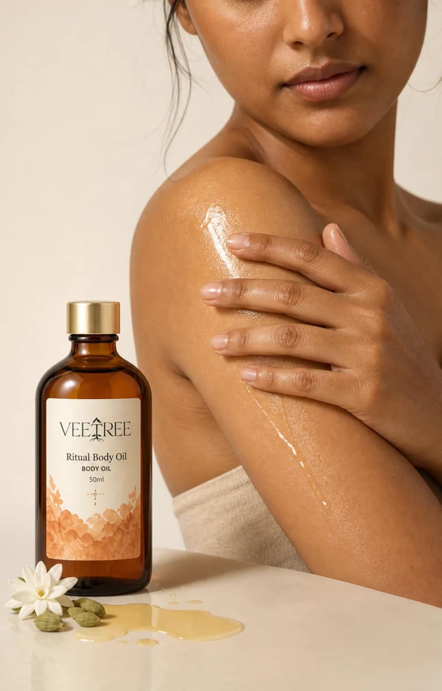 Ritual Body Oil texture and application shown in a VEETREE studio photograph