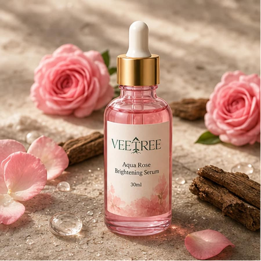 Aqua Rose Brightening Serum arranged with its featured botanical ingredients