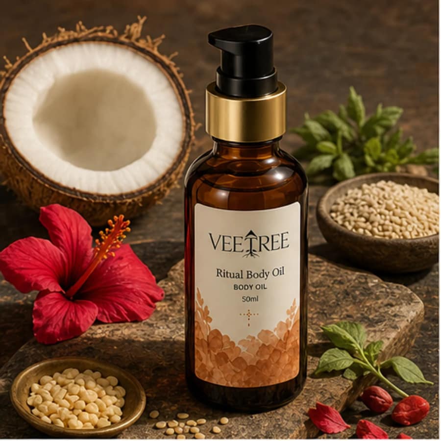 Ritual Body Oil arranged with its featured botanical ingredients