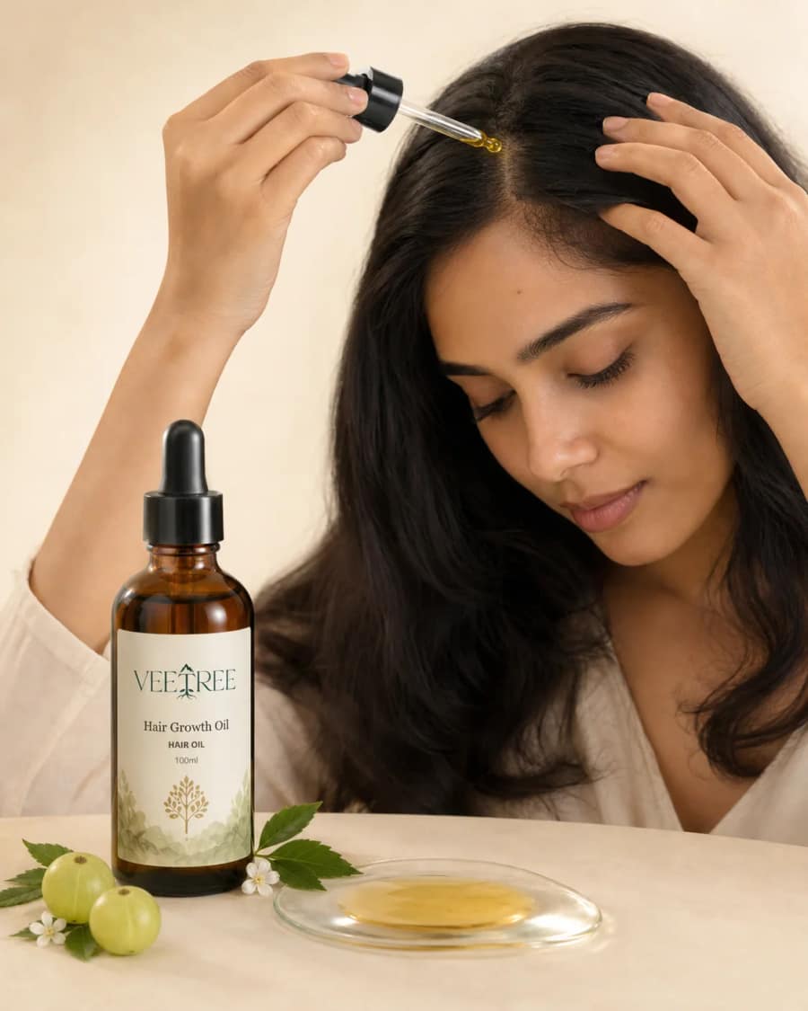 Hair Growth Oil texture and application shown in a VEETREE studio photograph