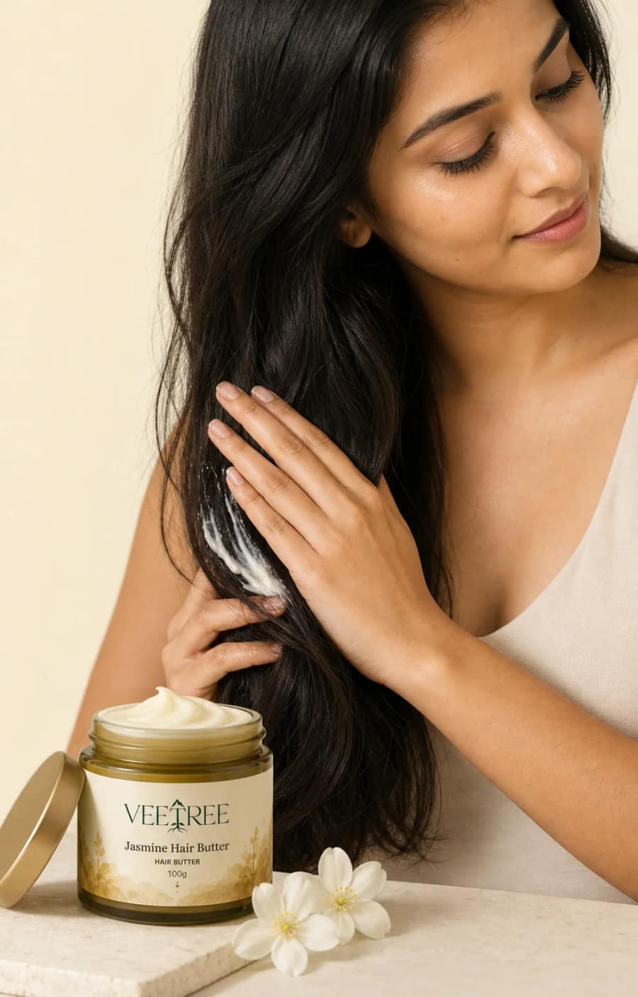 Jasmine Hair Butter texture and application shown in a VEETREE studio photograph