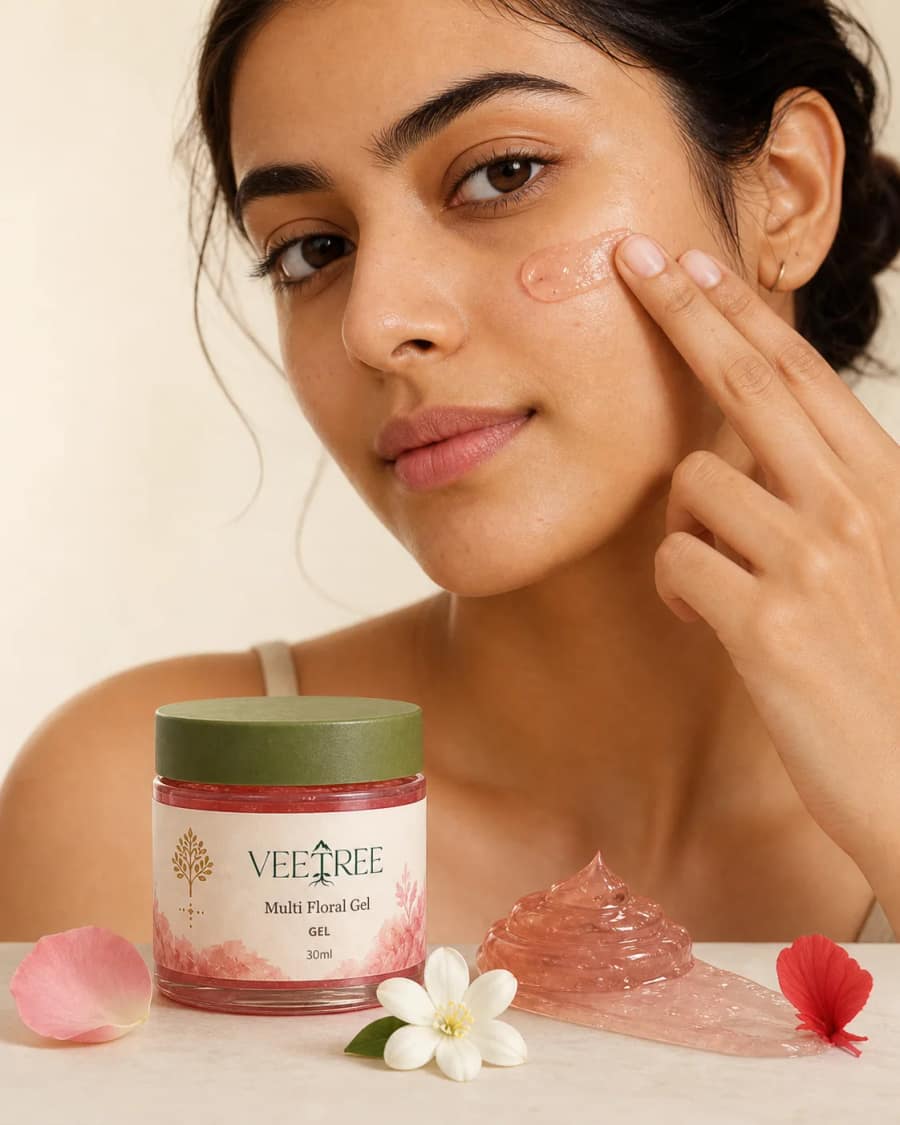 Multi Floral Gel texture and application shown in a VEETREE studio photograph