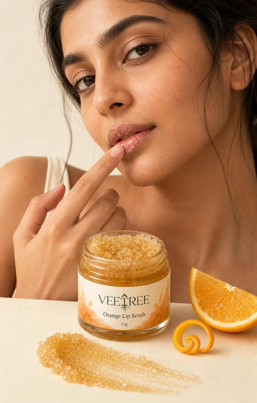 Orange Lip Scrub texture and application shown in a VEETREE studio photograph