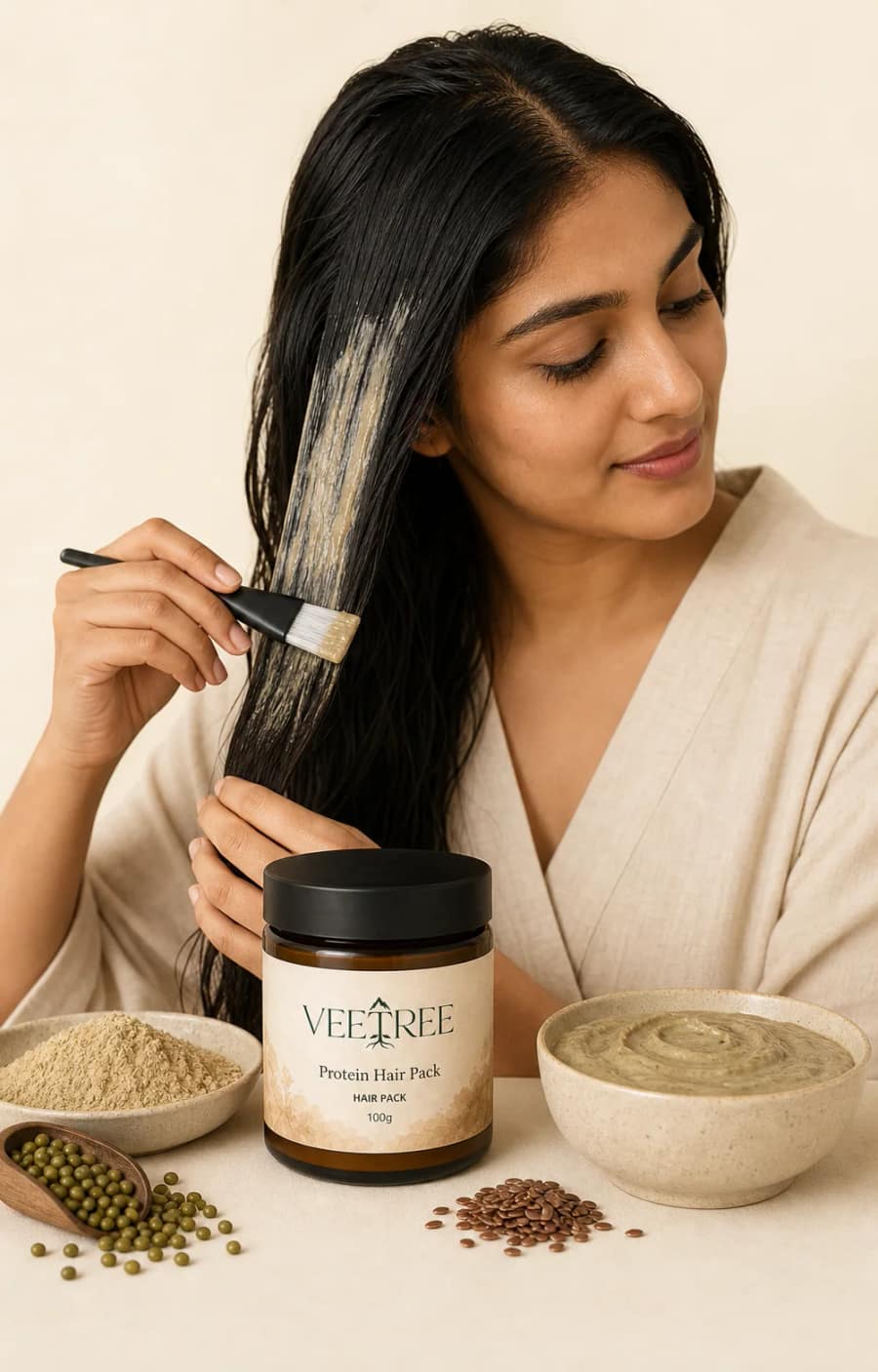 Protein Hair Pack texture and application shown in a VEETREE studio photograph