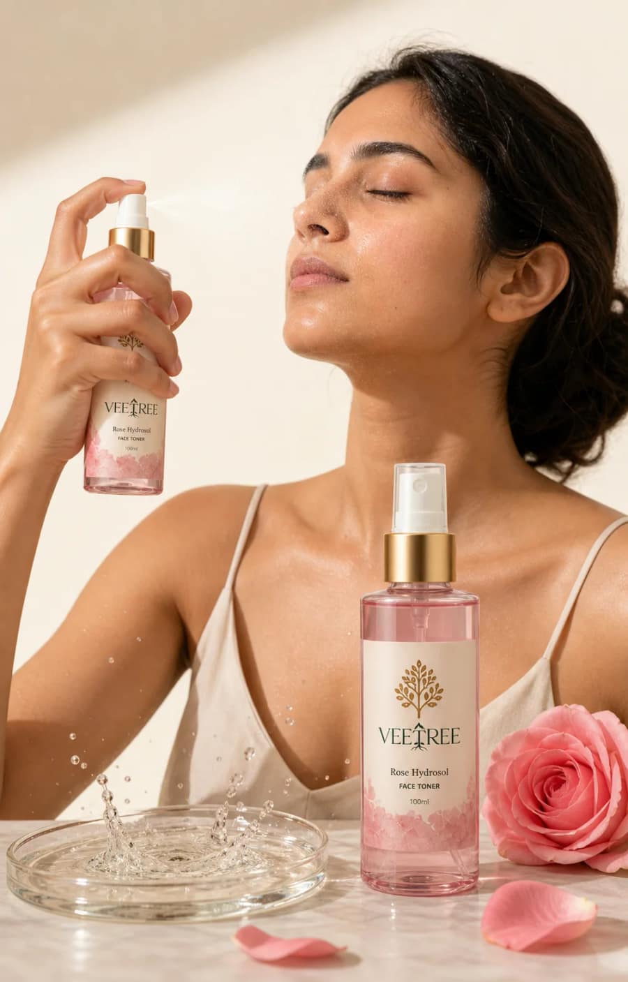 Rose Hydrosol texture and application shown in a VEETREE studio photograph