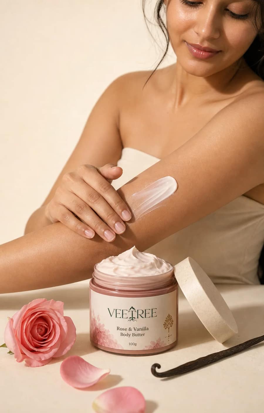 Rose & Vanilla Body Butter texture and application shown in a VEETREE studio photograph