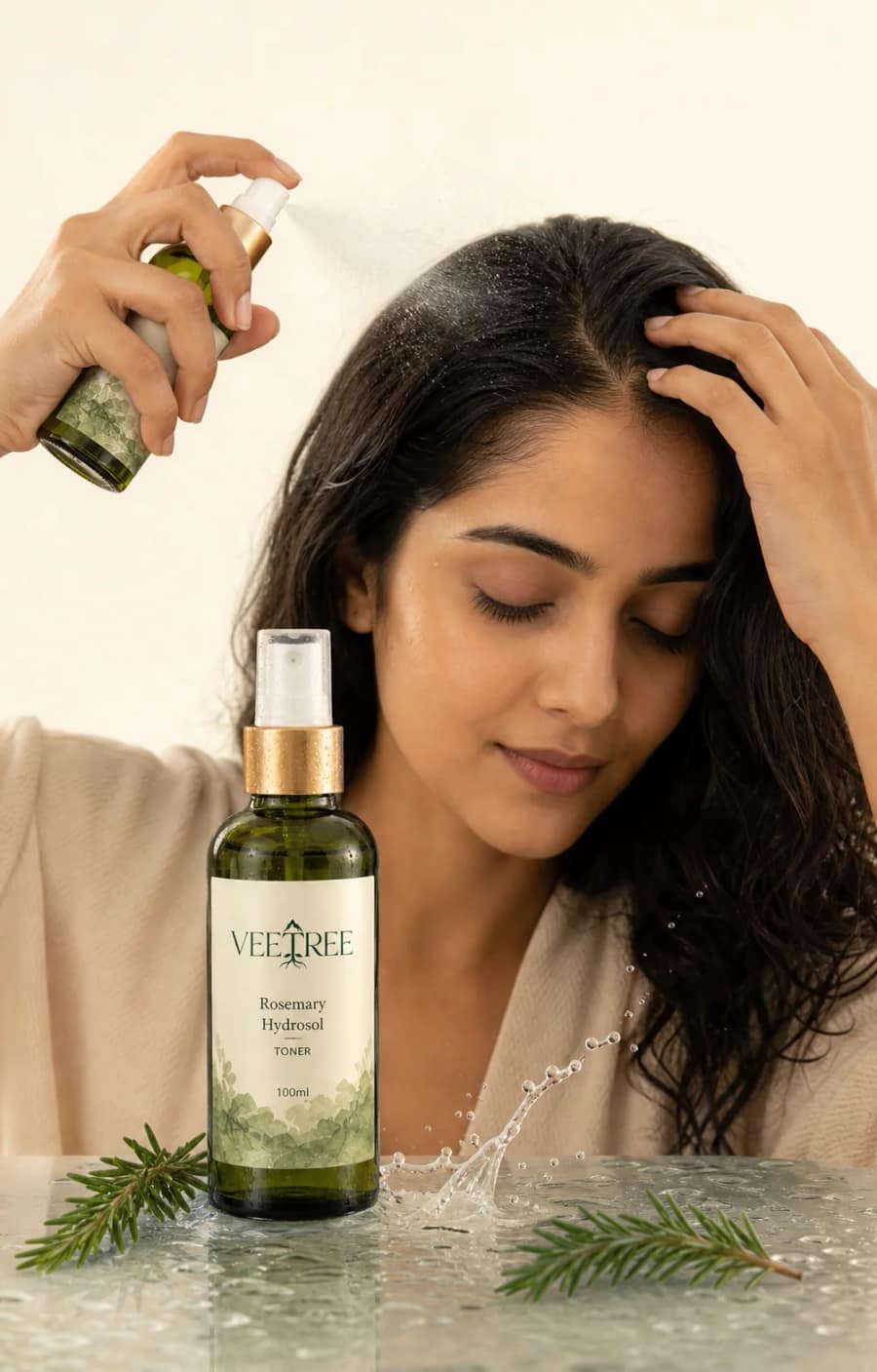 Rosemary Hydrosol texture and application shown in a VEETREE studio photograph