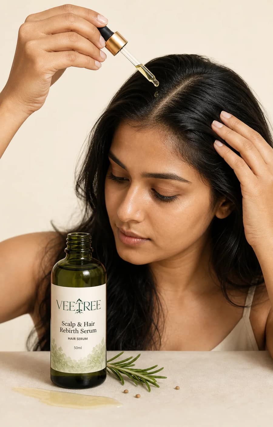 Scalp & Hair Rebirth Serum texture and application shown in a VEETREE studio photograph