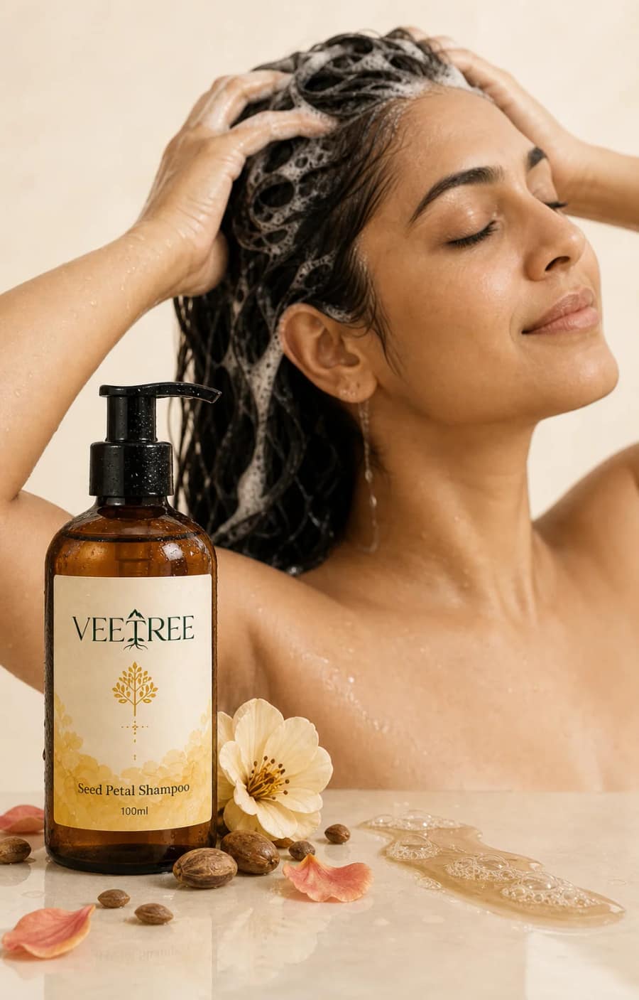 Seed Petal Shampoo texture and application shown in a VEETREE studio photograph