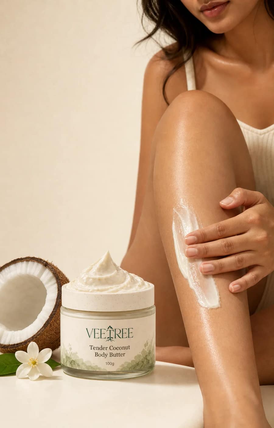 Tender Coconut Body Butter texture and application shown in a VEETREE studio photograph