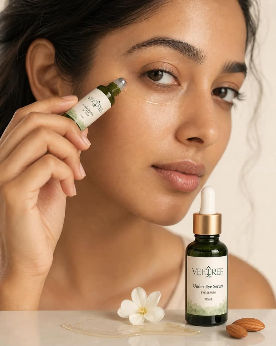 Under-Eye Serum texture and application shown in a VEETREE studio photograph
