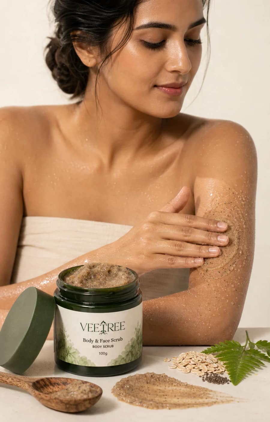 Body & Face Scrub texture and application shown in a VEETREE studio photograph