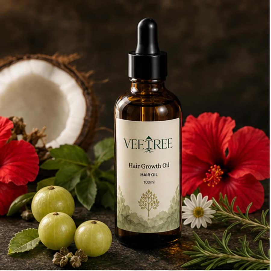 Hair Growth Oil arranged with its featured botanical ingredients