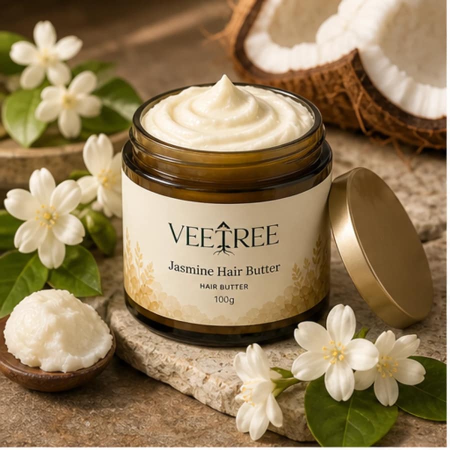 Jasmine Hair Butter arranged with its featured botanical ingredients