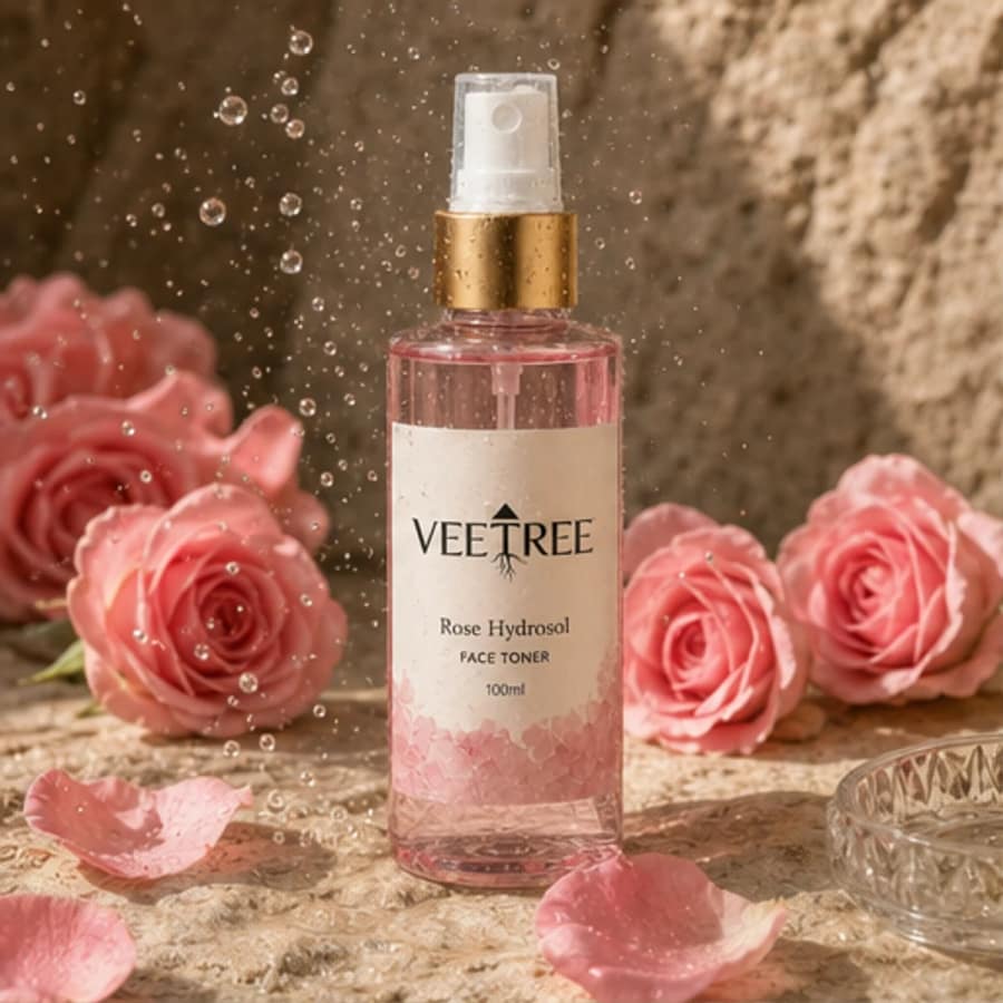 Rose Hydrosol arranged with its featured botanical ingredients