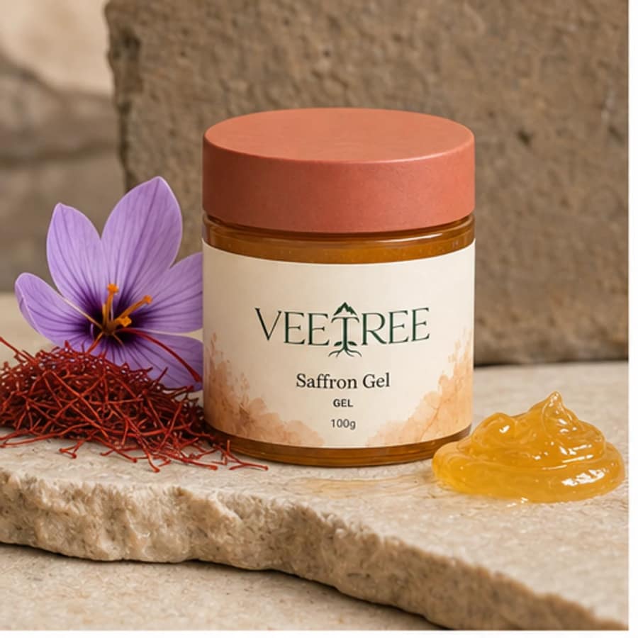 Saffron Gel arranged with its featured botanical ingredients