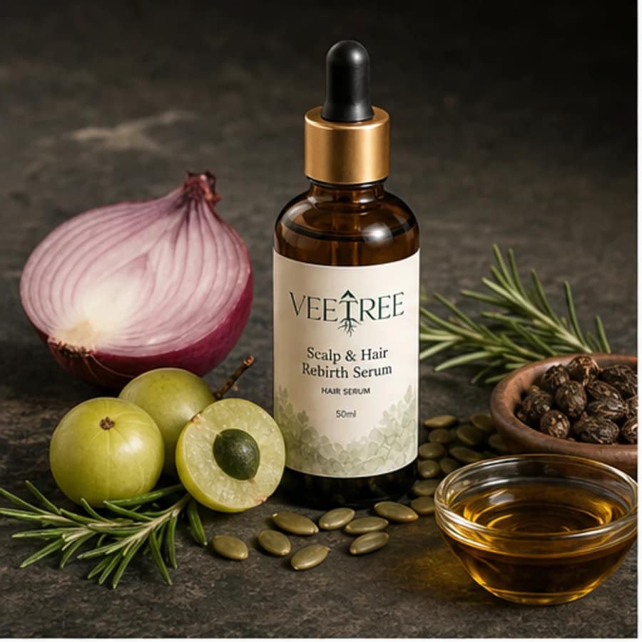 Scalp & Hair Rebirth Serum arranged with its featured botanical ingredients