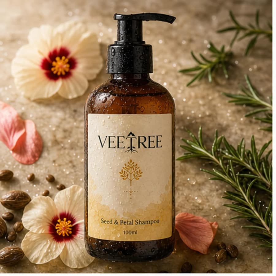 Seed Petal Shampoo arranged with its featured botanical ingredients