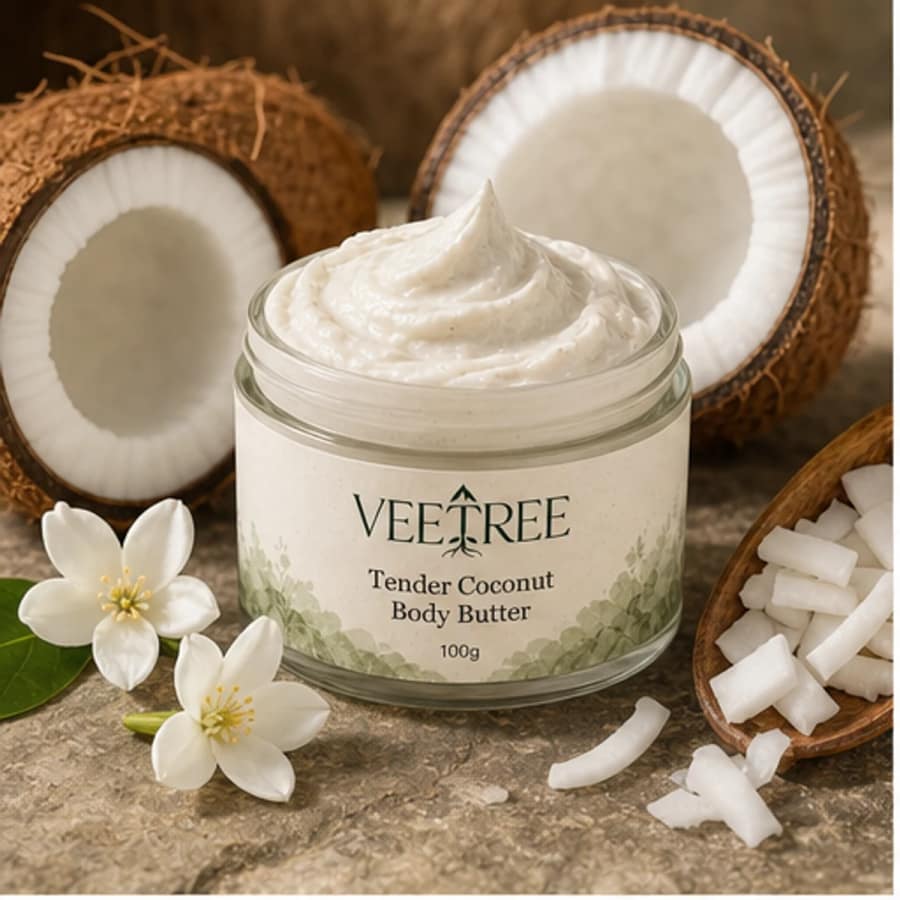 Tender Coconut Body Butter arranged with its featured botanical ingredients